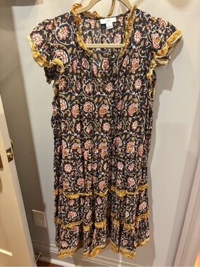 100% cotton ILIA Black Floral Tiered Dress with Pink and Gold Accents